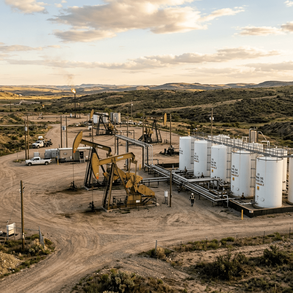 Oil pumpjacks and storage tanks at an oil extraction site in a rural landscape