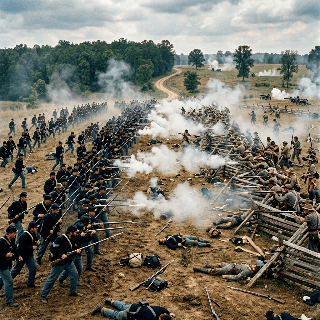 Union soldiers firing muskets across wooden fence at Confederate soldiers in a battle reenactment