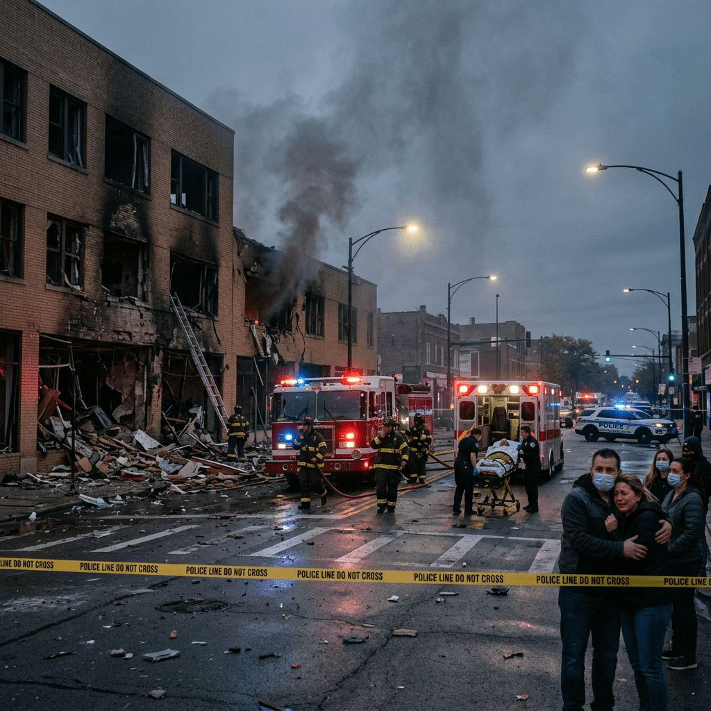 Firefighters at a damaged building with smoke, emergency vehicles, police tape, and people in distress