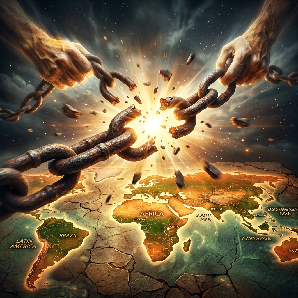 Two hands breaking a rusty chain over a cracked world map