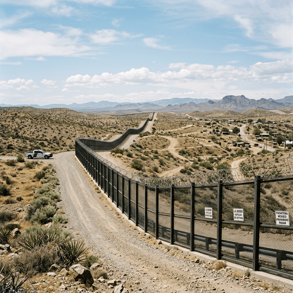 Fenced border with barbed wire and a patrol vehicle in desert terrain